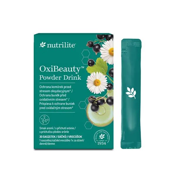 Nutrilite OxiBeauty Powder Drink su vitaminu E, skirta odos apsaugai ir švytėjimui.