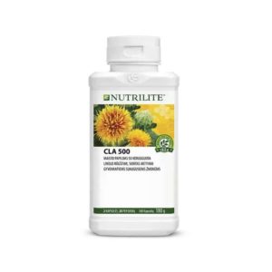 A white bottle of Nutrilite CLA 500 featuring a green label with clear text and a twist-off cap.